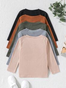 SHEIN Camisetas de manga larga para niñas pequeñas, de unicolor, en múltiples paquetes, con cuello redondo y detalles de estampado en inglés, aptas para uso casual diario