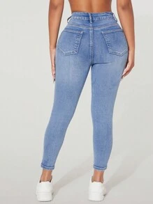 SHEIN PETITE Slim Fit Casual Denim Jeans, Fashionable For Everyday Wear - Blue - View 2