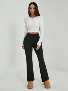 SHEIN PETITE Women's Solid Color Flared Black Velvet Trousers ,Petite Women - Black - View 7