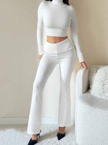 SHEIN ICON Conjunto de 2 piezas de suéter de cuello alto y pantalones de cintura alta para mujer