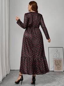 SHEIN Frenchy Plus Size Women's Black And Red French Elegant Lace Patchwork Printed V-Neck Long Dress - Black - View 2