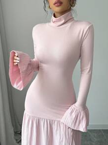 Chiquease 高领长袖荷叶边袖口和下摆开叉连衣裙，高弹力超舒适透气保暖修身浅色女式长裙，秋冬季，女士圣诞服装，感恩节服装女士长款女装 - 淺粉色 - 查看 3