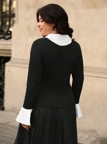 SHEIN Clasi Plus Size Solid Color Patchwork Long Sleeve Simple T-Shirt, Casual Everyday Wear - Black - View 2