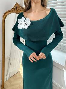 Modelyn Vestido elegante de punto ajustado con escote barco, adornado con perlas y cristales con diseño floral para fiesta - Verde Oscuro - Ver 6