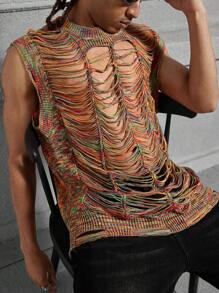 Manfinity EMRG Men's Crew Neck Sleeveless Ripped Knit Vest, Casual Everyday Wear, Men Rave Top, Men Crochet Top, Fishnet Top Men, Mesh Men Top, Knit Top Men