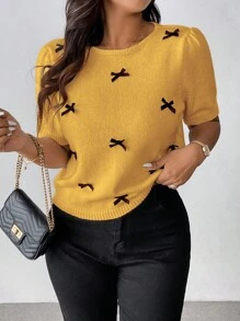 Flirla 休闲甜美蝴蝶结装饰圆领针织毛衣，大码