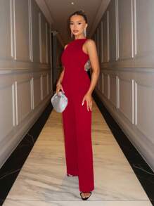 SHEIN BAE Black Rhinestoned Chain Red Jumpsuit, Fringed Jumpsuit, Sleeveless Backless Wide Leg Jumpsuit, Elegant Women's Jumpsuit For Party Occasion