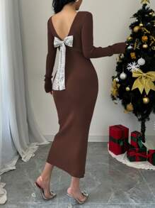 Elenzga 女士圆领长袖蝴蝶结装饰后背修身优雅针织毛衣连衣裙，秋冬