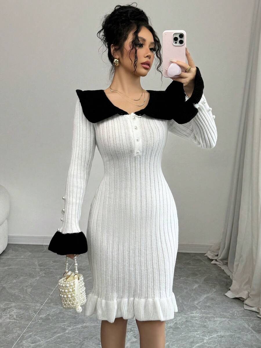 Selianne 女士纯色拼布长袖前扣短款毛衣连衣裙 - 白色 - 查看 1