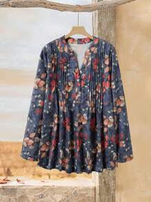 Rusticease Camisa informal de manga larga con botones frontales y estampado completo para mujer