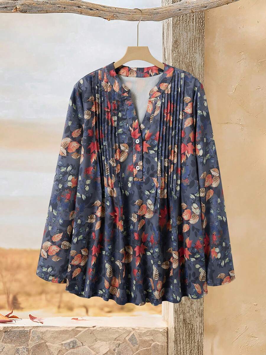 Rusticease Camisa informal de manga larga con botones frontales y estampado completo para mujer