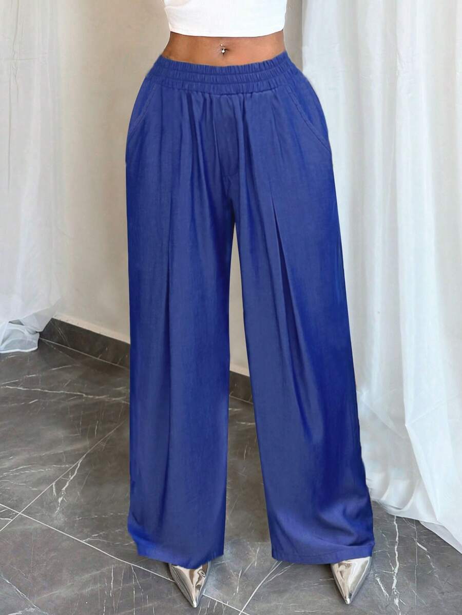 BamGleam Calça casual feminina lisa com bolso na cintura elástica, uso diário - Azul - Ver 1