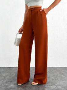 SHEIN Tall Tall Women's Stylish Solid Color High Waist Straight Pant With Button And Zipper Details - Burnt Orange - View 5
