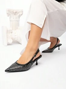 CUCCOO CHICEST Women's Pointed Toe Rhinestone Decor Hollow Out Mid Heel Sexy Elegant Sophisticated Pumps, Black Artificial Leather, Suitable For Parties, Nightclubs - Black - View 5