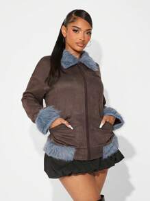 SHEIN SXY Women's Thick PU Color-Blocking Fluffy Collar Jacket, Autumn/Winter - Multicolor - View 5