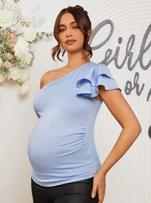 Loomaby Pregnant Women Elegant Party Solid Color Ruched Slim Fit One Shoulder T-Shirt, For Baby Shower Party - Blue - View 5