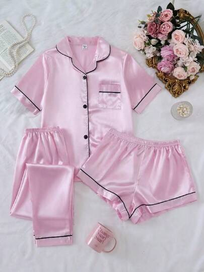 Tween Girl Casual Three-Piece Sets With Blend Pink Shorts, Trousers, And Short Sleeved Shirt For Home