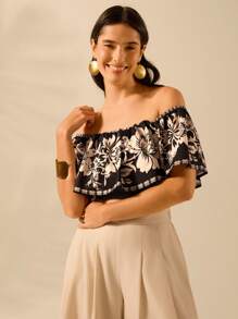 CAJUNI 女士夏季波西米亚风花朵印花荷叶边露肩短款休闲上衣，非常适合海滩和度假 - 黑色 - 查看 3