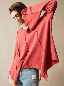 Bohemela Women's Casual Solid Color V-Neck Ruffle Trim 3/4 Sleeve Loose T-Shirt - Burnt Orange - View 2
