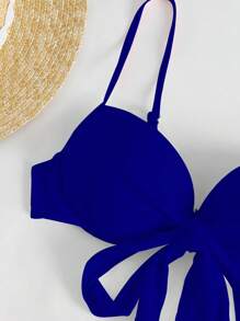 SHEIN Swim 素色比基尼套裝前打結聚攏內衣和高衩下裝和褶邊沙灘半身裙3入組泳衣 - 寶藍色 - 查看 5