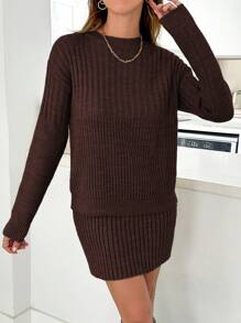 EURMUSE Casual Rib Knit Sweater & Mini Rib Knit Sweater Kjol Co-Ords - Chokladbrun - Visa 5