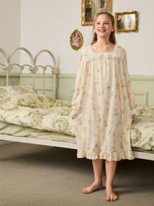 SHEIN 女童花卉印花蕾丝边长袖超长睡衣连衣裙，休闲时尚 - 黃色 - 查看 5