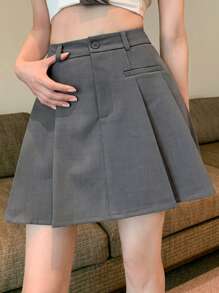 DAZY Falda gris de línea A, con pliegues, bolsillo delantero y botones para mujer
