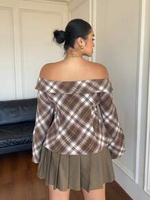 Flirla 1 pieza Blusa de manga larga a hombros descubiertos a cuadros en marrón café talla grande para mujer, apta para otoño/invierno