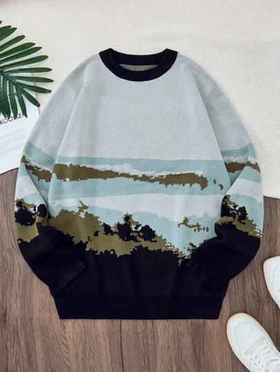 男士休闲圆领长袖灰色毛衣，带有自然风景印花，设计简洁清新