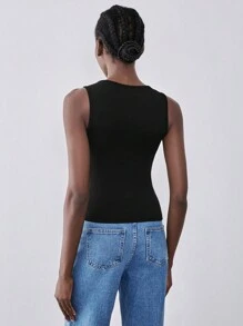 Lumivelle 1pc Black Hollow Out Sexy Ladies Tank Top, 1pc Black Knit Elastic Women Tank Top