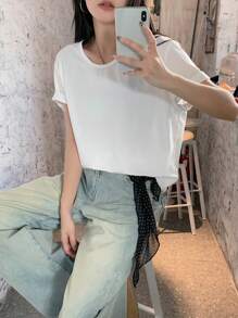 DAZY Women's Solid Color Crew Neck Loose Short Sleeve Casual T-Shirt - White - View 4