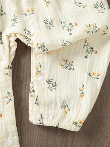 SHEIN Newborn Baby Girl Layered Ruffle Collared Digital Floral Print Cinched Waist Bow Jumpsuit, Soft Cotton, Casual & Cute Outfit, Must-Have For Outings - Apricot - View 5