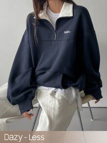 Dazy-Less Damen Kontrast-Farbblock Patchwork bestickter Buchstaben Sweatshirt, Langarm Oberteil, Herbstkleidung