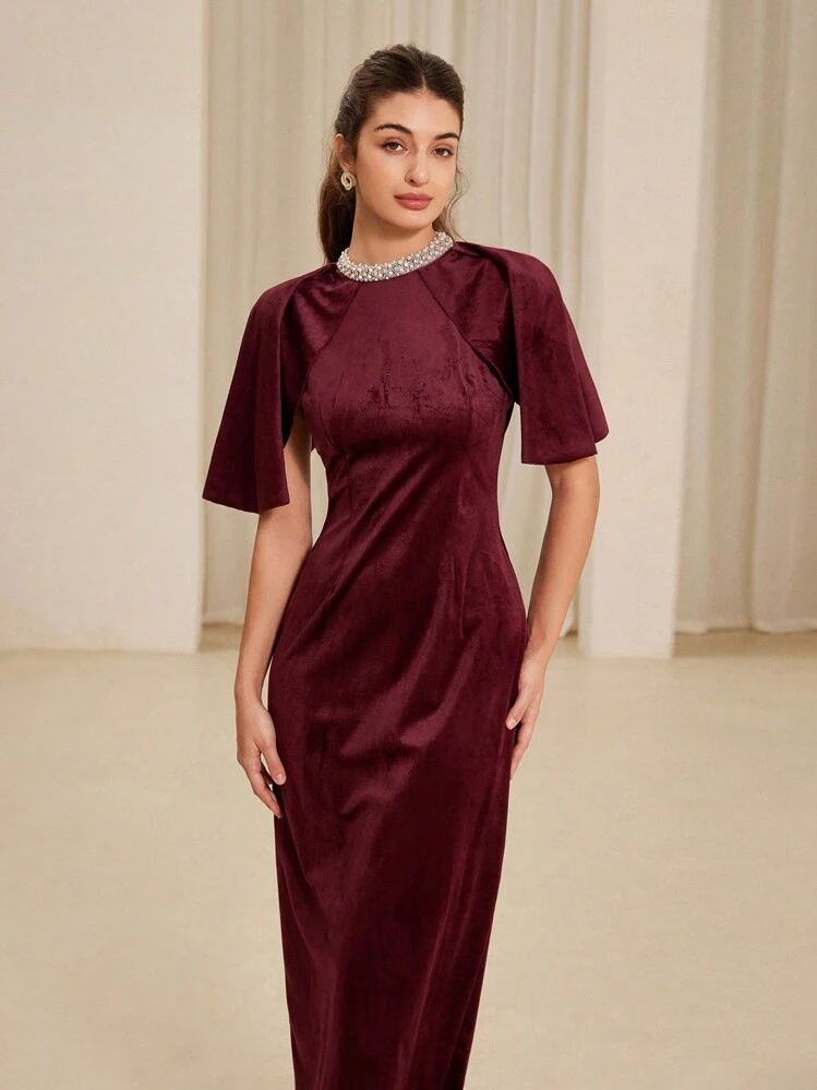 GENKIRA Elegant Beaded Collar Waist Cinched Velvet Bodycon Dress
