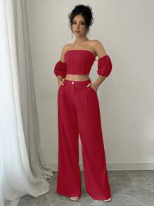 Elenzga 2pcs/Set Elegant Solid Color Off-Shoulder Cropped Top And Long Pants For New Year Clothes