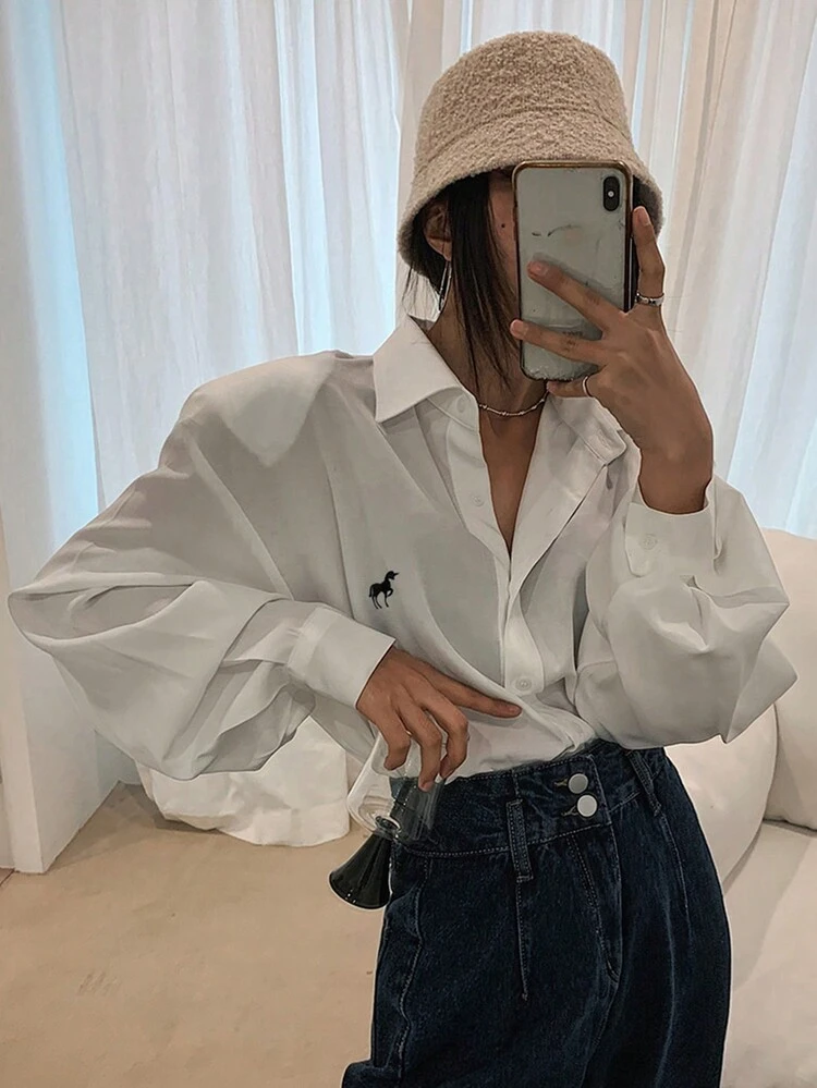 Women's Oversized White Long Sleeve Padded Shoulder Shirt With Collars, Casual Wear For Spring/Autumn,Fall Women Clothes