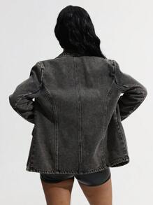 SHEIN ICON 女式秋季长袖翻领单排扣休闲牛仔西装外套 - 深灰色 - 查看 2