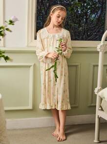 SHEIN 女童花卉印花蕾丝边长袖超长睡衣连衣裙，休闲时尚 - 黃色 - 查看 6