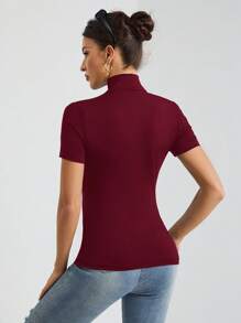 SHEIN Tall Áo thun cổ lọ tay ngắn màu đen cơ bản trơn dành cho nữ - Màu Đỏ Sâu - Xem 2
