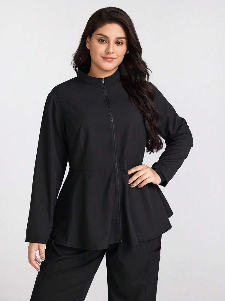 SHEIN TaskFit 大码纯色前拉链长袖休闲制服上衣 - 黑色 - 查看 6