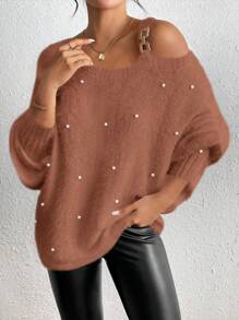 SHEIN Unity 秋冬休闲不对称领口串珠蝙蝠袖针织套头衫 - 咖啡棕 - 查看 6