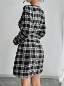 SHEIN Unity 女士格纹圆领长袖单排扣短款休闲连衣裙，秋季 - 黑色 - 查看 2