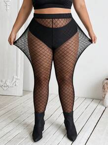 SHEIN CURVE+ CURVE PLUS /情人节/加大码女士透明网纱性感迷人黑色打底裤，情人节 - 黑色 - 查看 4