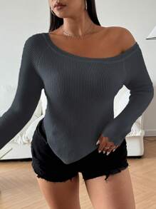 Calvaya Plus Size Women Solid Color Raglan Sleeve Long Sleeve Asymmetric Hem Pullover Sweater, Autumn/Winter Knit Pullover Fall - Dark Grey - View 3