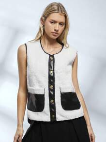 SHEIN EZwear Women's New Autumn And Winter Color Block Lamb Wool Conforms To Simple Daily Plush Vest - Black - View 1