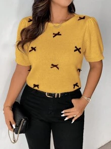 Flirla 休闲甜美蝴蝶结装饰圆领针织毛衣，大码