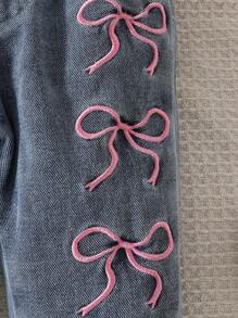 SHEIN Baby Girl Sweet Bowknot Pattern Washed Denim Pants, Spring/Summer - Blue - View 3