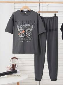 SHEIN Set de 2 piezas para adolescentes varones con camiseta de manga corta casual y pantalones jogger tipo cargo, look deportivo de estilo punk rock para uso diario, fiestas, festivales de música, primavera/verano, color gris oscuro