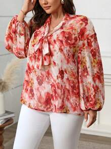 Franclia Plus Size Women Elegant Chiffon Printed Tie Front Blouse,Valentine