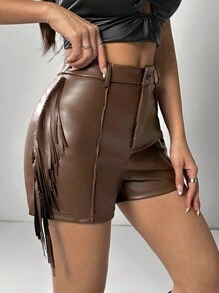 SHEIN PETITE 女款時尚純色流蘇裝飾修身短褲，秋季，小碼女款 - 咖啡棕 - 查看 6